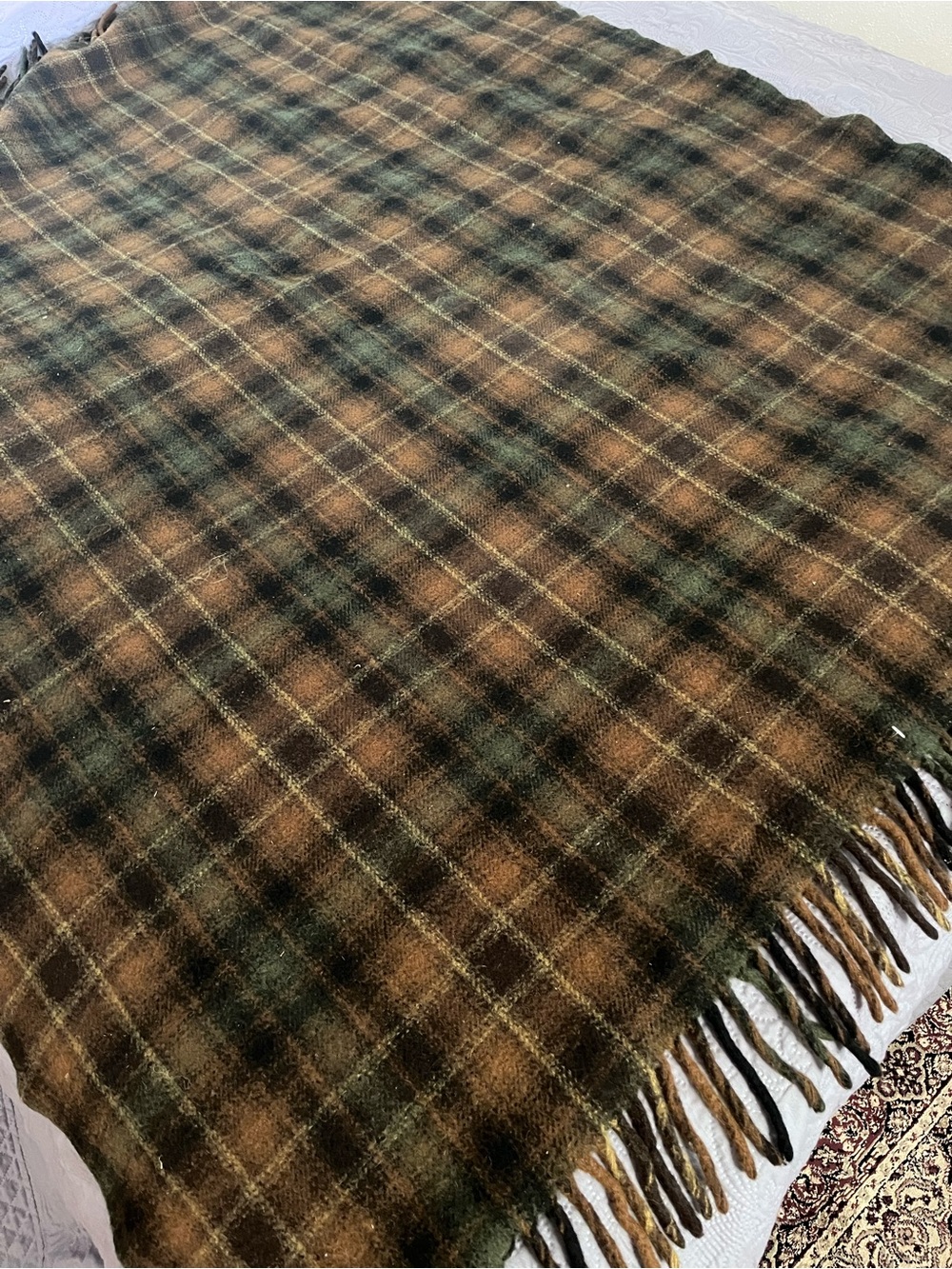 Vintage Pendleton Virgin wool Olive Green & Brown Plaid Wool Fringe blanket